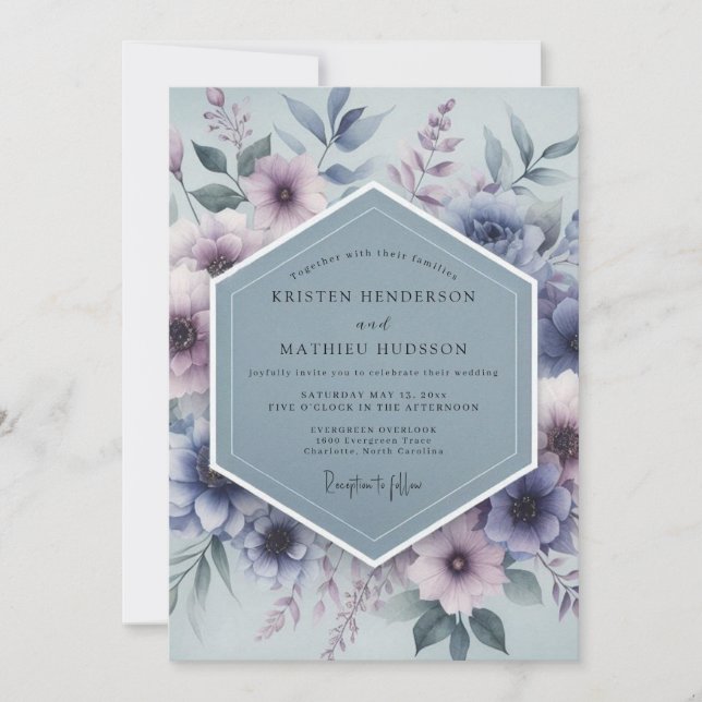 Invitation Mariage Mystique Fleurie Bleu Ardoise (Devant)
