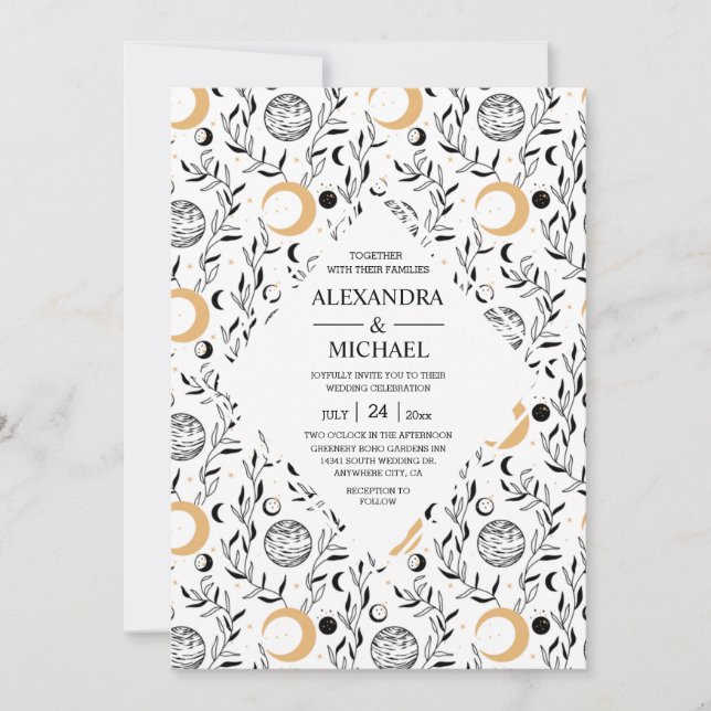 Invitation Mariage Mystique Noir et Blanc Céleste Étoiles   (Devant)
