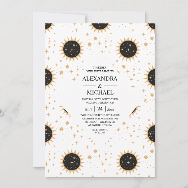 Invitation Mariage Mystique Noir et Blanc Céleste Étoiles   (Devant)
