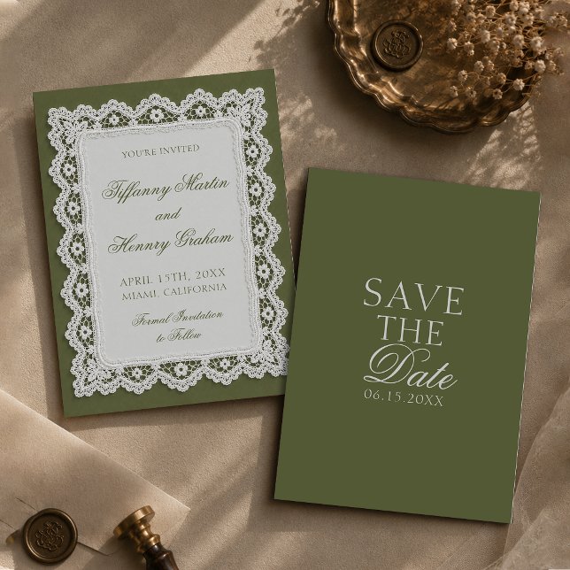 Invitation Mariage Nappe en Dentelle Vert Olive Ancien Argent (Créateur téléchargé)
