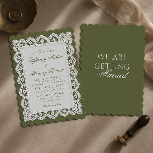 Invitation Mariage Nappe en Dentelle Vert Olive Ancien Argent (Créateur téléchargé)
