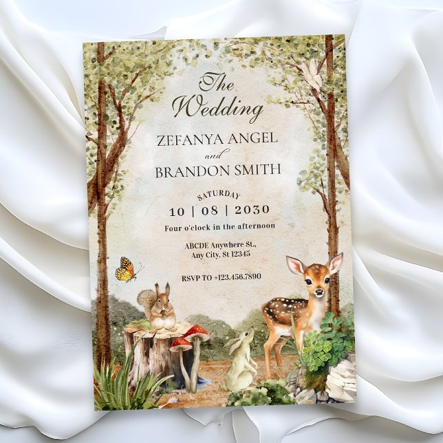 INVITATION MARIAGE NATURE FAUNE ET FLORE BOIS VERT MARRON (Créateur téléchargé)