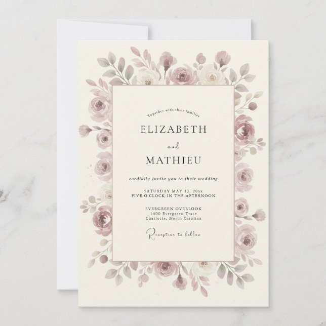 Invitation Mariage Nature Fleur de Rose Poussiéreuse (Devant)