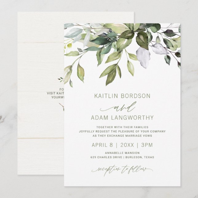 Invitation Mariage Naturel Botanique Verdure Aquarelle (Devant / Derrière)