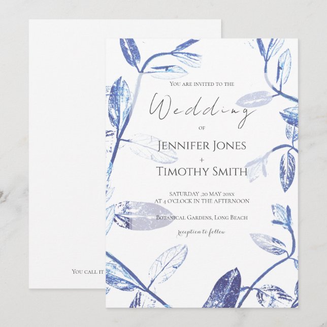 Invitation Mariage naturel feuille bleu marine (Devant / Derrière)