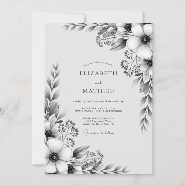 Invitation Mariage Naturel Floral Noir et Blanc (Devant)