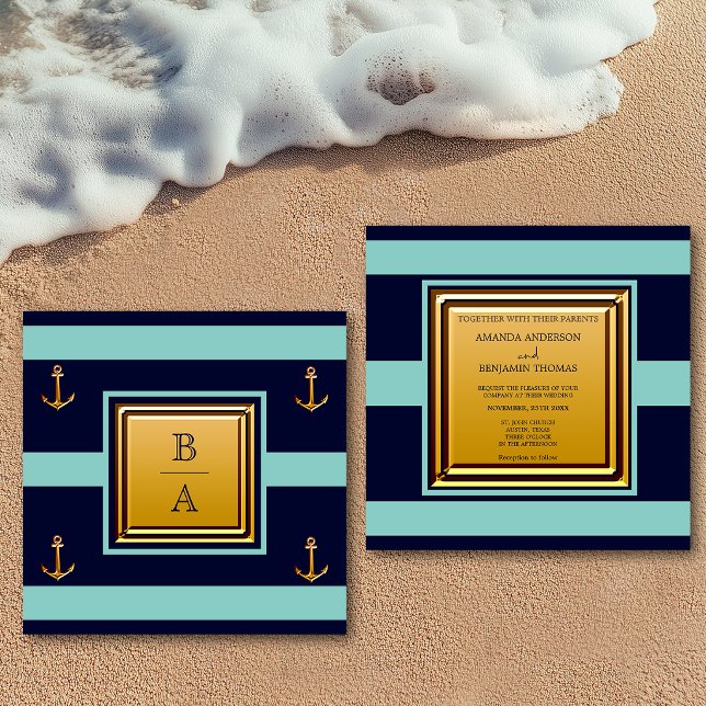 Invitation Mariage Naudtique Bleu Nuit Turquoise Rayures Ancr (Créateur téléchargé)