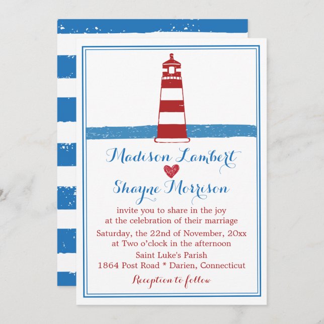 Invitation Mariage Nautical Red White Lighthouse Blue Stripes (Devant / Derrière)