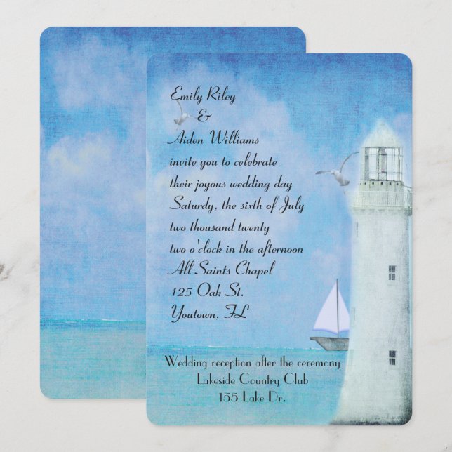 Invitation Mariage Nautical White Lighthouse et voilier (Devant / Derrière)