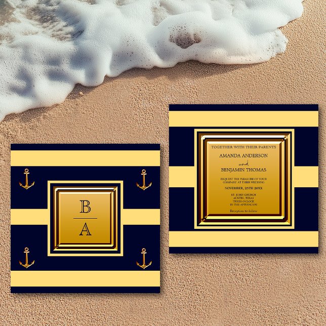 Invitation Mariage Naution Bleu Jaune Rayures Ancre (Créateur téléchargé)