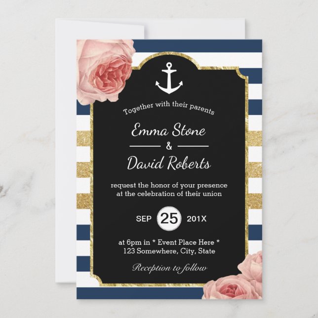 Invitation Mariage nautique Ancre Marine & Gold Stripes Flora (Devant)
