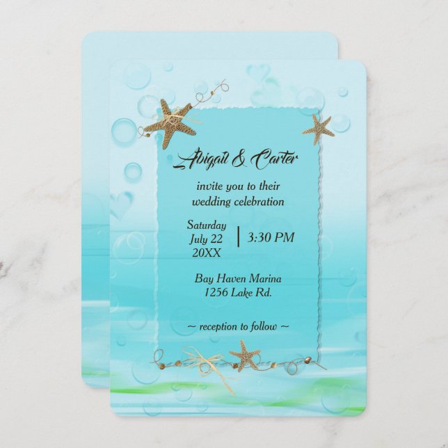 Invitation Mariage nautique avec Starfish et bulles (Devant / Derrière)