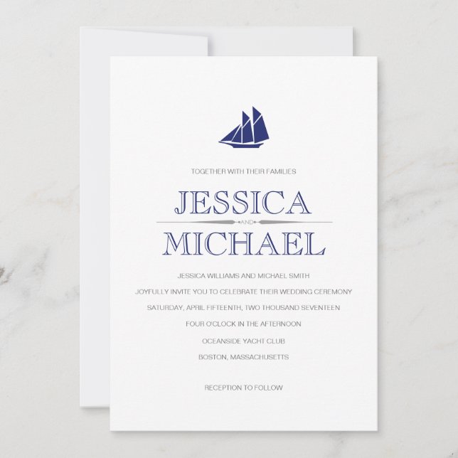 Invitation Mariage nautique Bateau bleu marine avec voiles Pe (Devant)