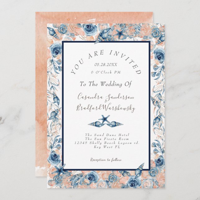 Invitation Mariage nautique Beach Coquille de mer Fleurs Rose (Devant / Derrière)
