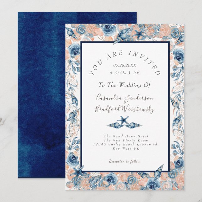 Invitation Mariage nautique  Beach Seashell Fleurs Roses (Devant / Derrière)