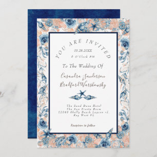 Invitation Mariage nautique  Beach Seashell Fleurs Roses