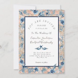 Invitation Mariage nautique  Beach Seashell Fleurs Roses mer