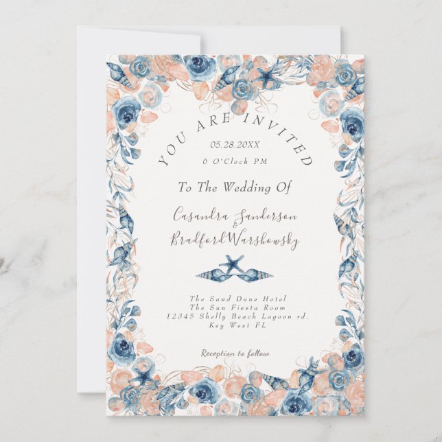 Invitation Mariage nautique  Beach Seashell Fleurs Roses mer (Devant)