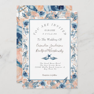 Invitation Mariage nautique  Beach Seashell Fleurs Roses mer