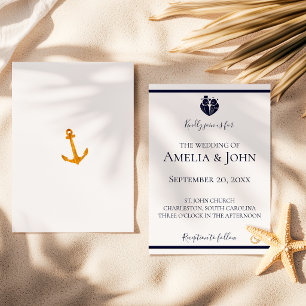 Invitation Mariage Nautique Blanc Doré Bleu Marine Côtière