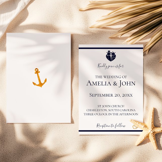 Invitation Mariage Nautique Blanc Doré Bleu Marine Côtière (Créateur téléchargé)