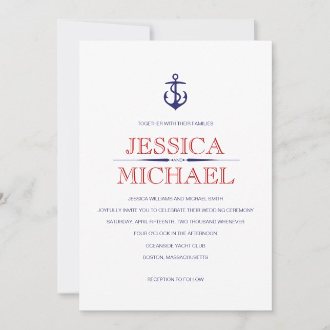 Invitation Mariage Nautique Bleu Bleu Nautique Bleu Rouge (Devant)