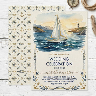 Invitation Mariage Nautique Bleu Marine & Or Mariage Voilie