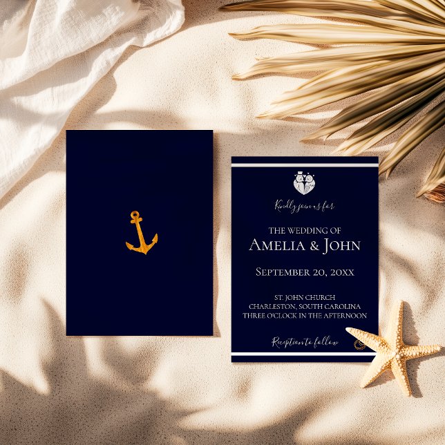 Invitation Mariage Nautique Bleu Nuit Côté Or (Créateur téléchargé)