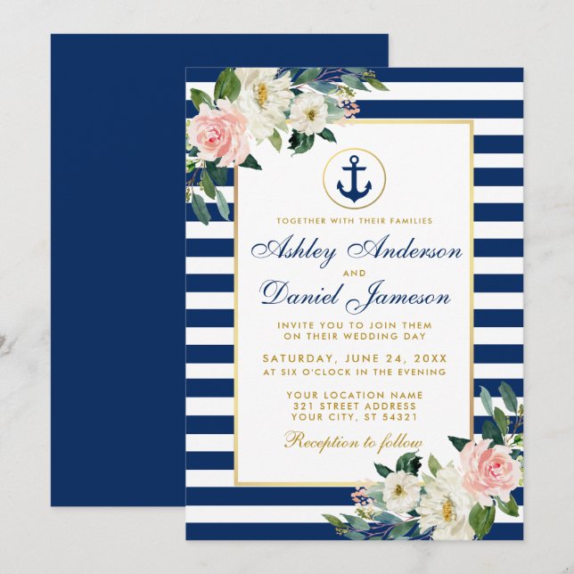 Invitation Mariage nautique Bleu rayures blanc rose floral (Devant / Derrière)