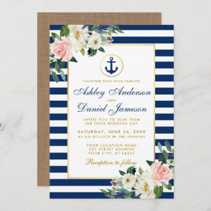 Invitation Mariage nautique Bleu rayures Floral Burlap