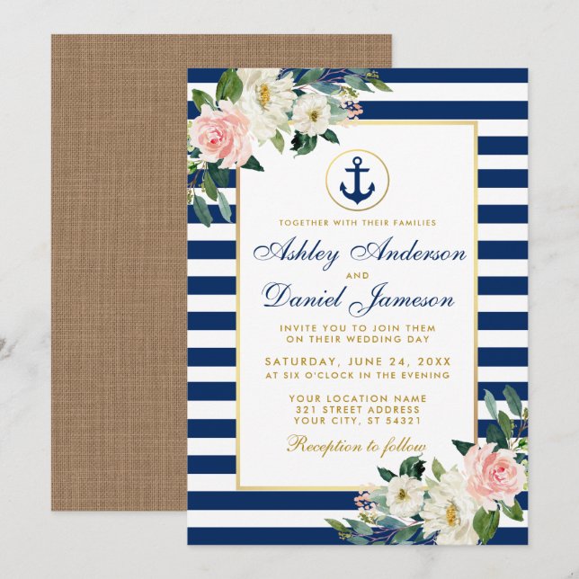 Invitation Mariage nautique Bleu rayures Floral Burlap (Devant / Derrière)
