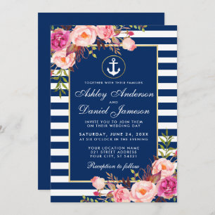 Invitation Mariage nautique Bleu rayures rose Floral Invitati
