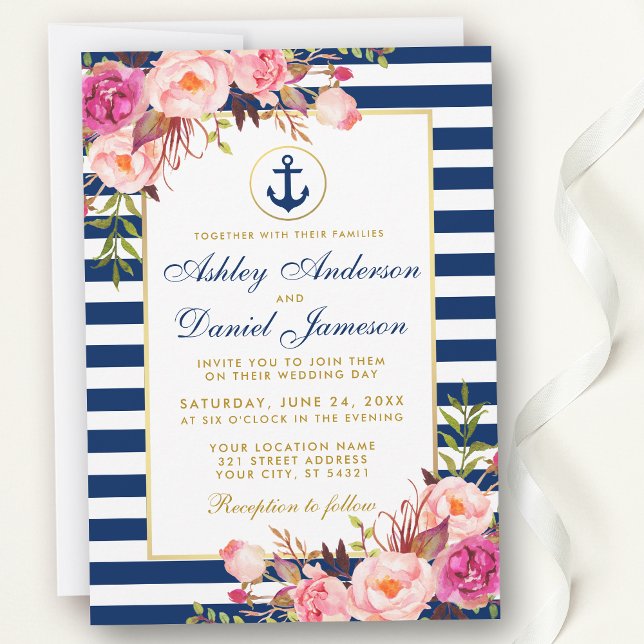 Invitation Mariage nautique Bleu rayures rose Floral Invitati (Customize to change text size, color or text style.)