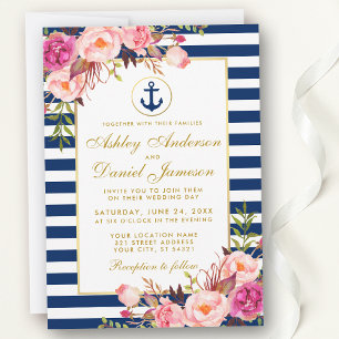 Invitation Mariage nautique Bleu rayures rose Floral Invitati