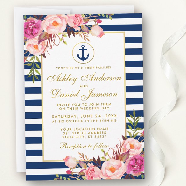 Invitation Mariage nautique Bleu rayures rose Floral Invitati (Customize to change text size, color or text style.)