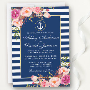 Invitation Mariage nautique Bleu rayures rose Floral Invitati