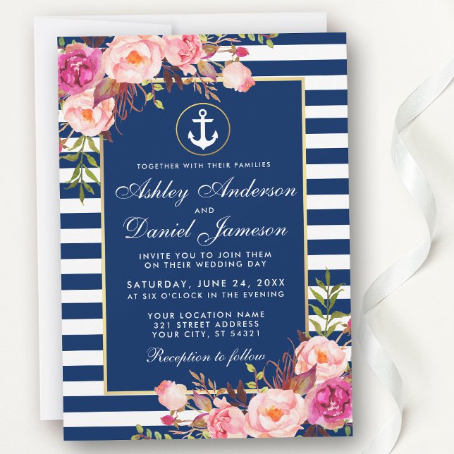 Invitation Mariage nautique Bleu rayures rose Floral Invitati (Customize to change text size or text style.)