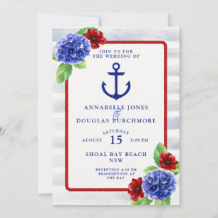 Invitation Mariage nautique Bleu Rouge Bleu Floral Aquarelle