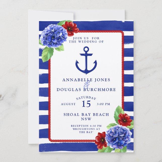 Invitation Mariage nautique bleu rouge Hydrangée aquarelle (Devant)