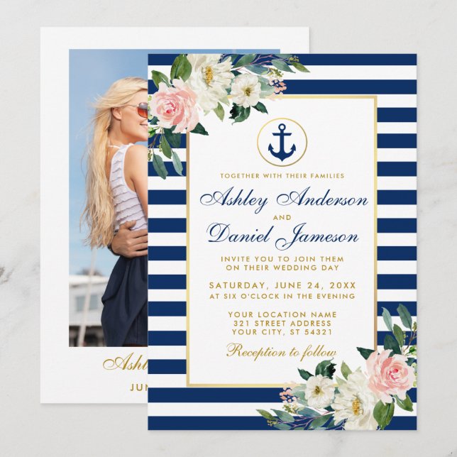 Invitation Mariage nautique Bleu Stripes Floral Photo (Devant / Derrière)