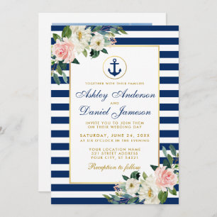 Invitation Mariage nautique Bleu Stripes Floral Photo