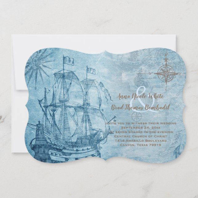 Invitation Mariage nautique bleu vintage navire (Devant)