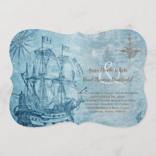 Invitation Mariage nautique bleu vintage navire