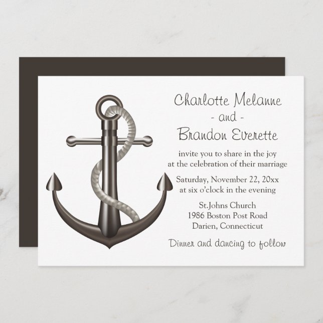 Invitation Mariage nautique Brown Navire Ancre Beach Sailor (Devant / Derrière)