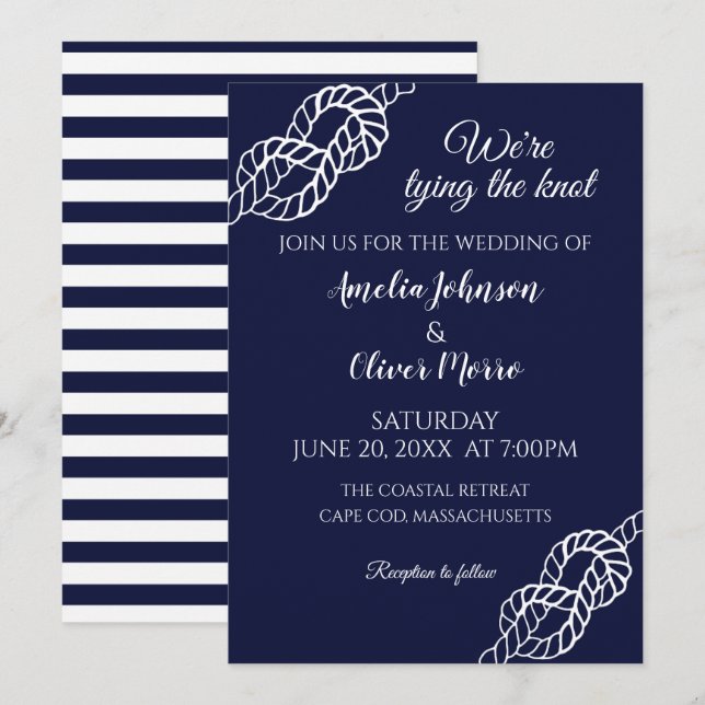 Invitation Mariage Nautique Corde Blanche Navy (Devant / Derrière)