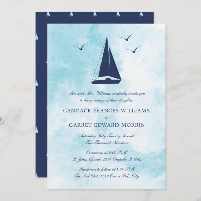 Invitation Mariage nautique de bateau à voile (Devant / Derrière)