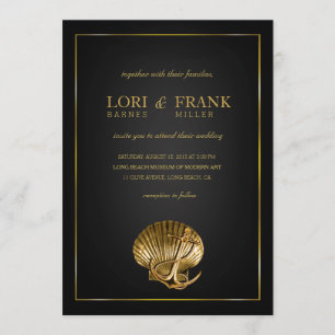 Invitation Mariage nautique de Seashell ancré noir et or