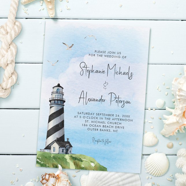 Invitation Mariage nautique du phare d'aquarelle (Créateur téléchargé)