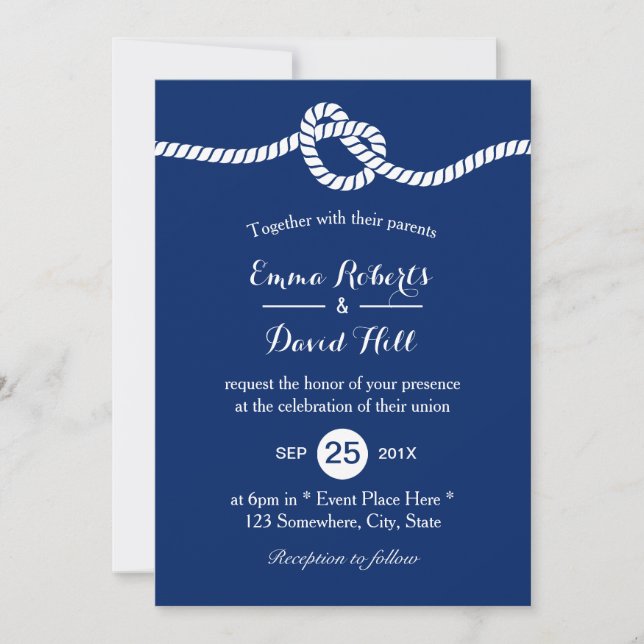 Invitation Mariage nautique Marine Blue Tying Knot Elegant (Devant)