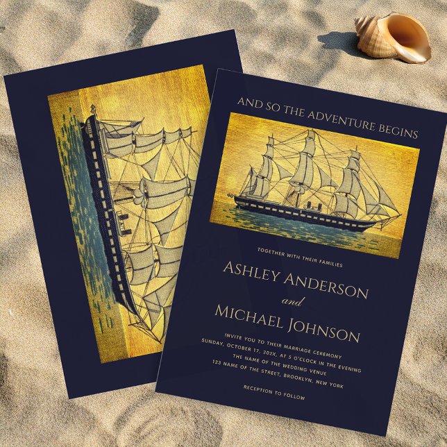 Invitation Mariage nautique Marine Gold Ship Aventure commenc (Créateur téléchargé)